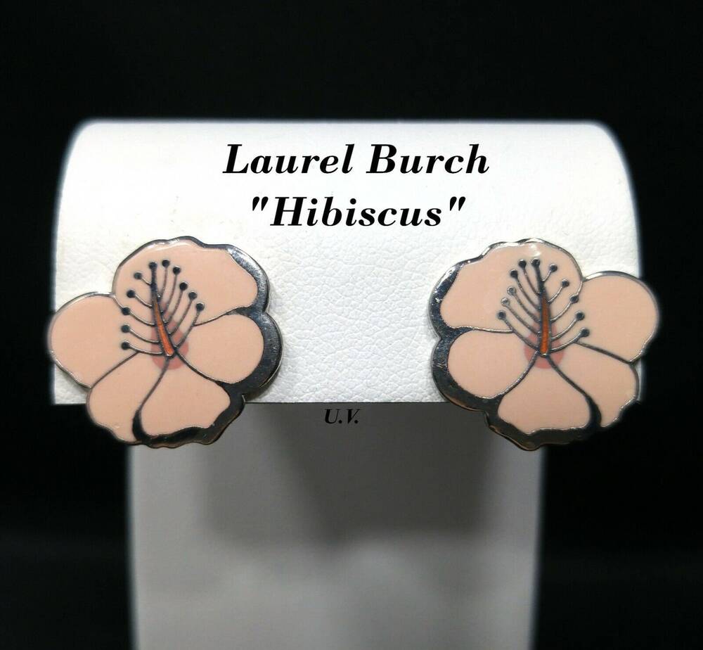 Laurel Burch "Hibiscus" Pink Post Earrings, Rhodium Plated Silver Tone, 1980s